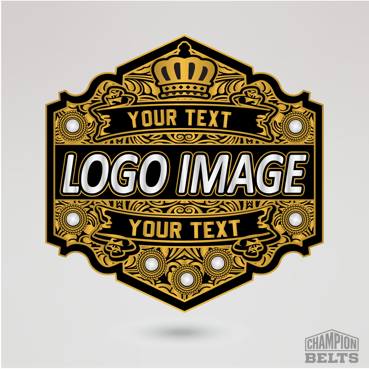 Custom championship belt center plate featuring logo image and personalized text areas