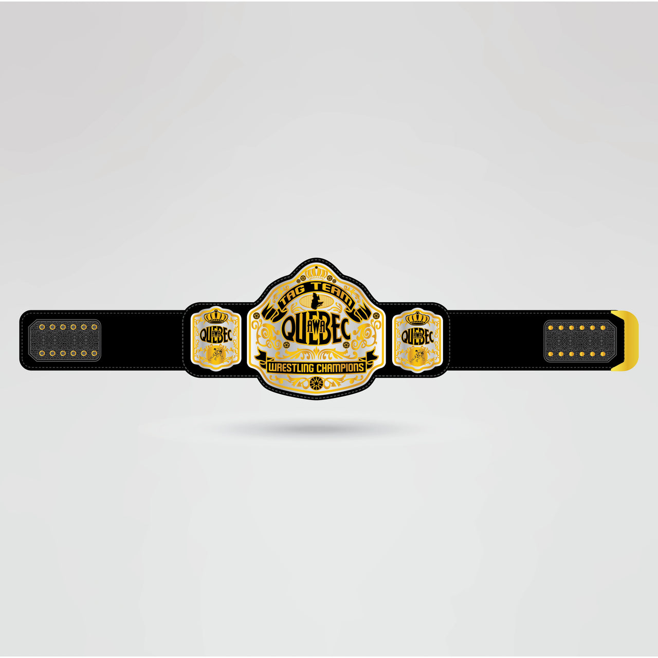 Finished design of the Quebec Wrestling Championship Belt with logos, text, and custom design elements.