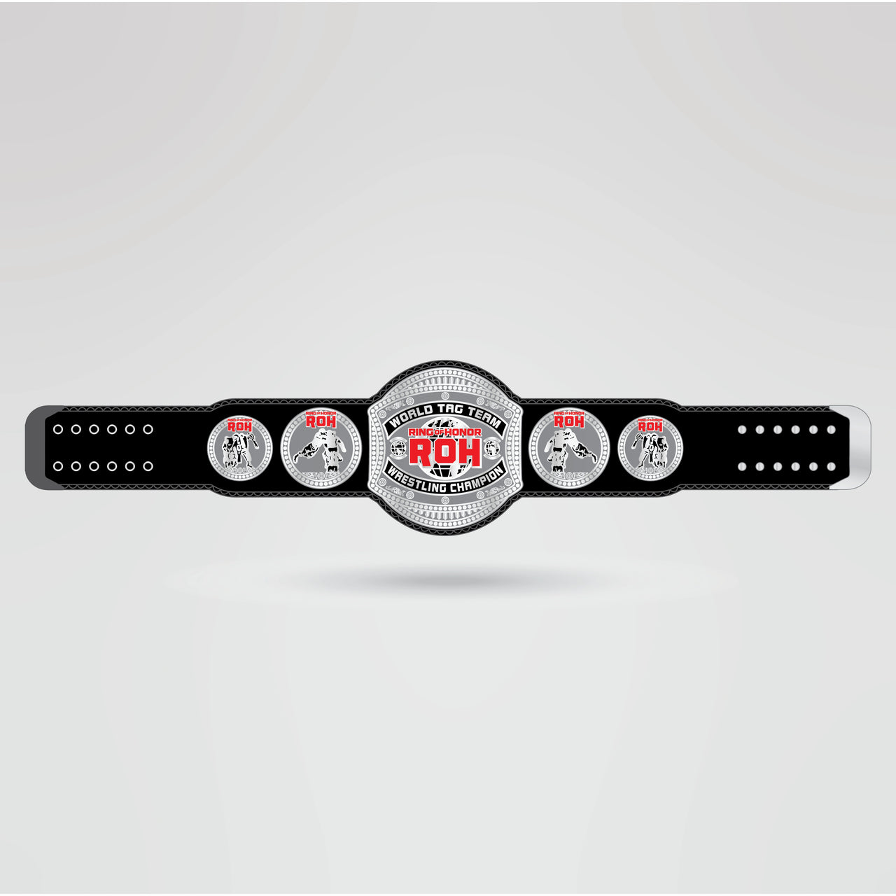 Display of the completed ROH World Tag Team Wrestling Championship Belt with custom design elements and high-quality finish