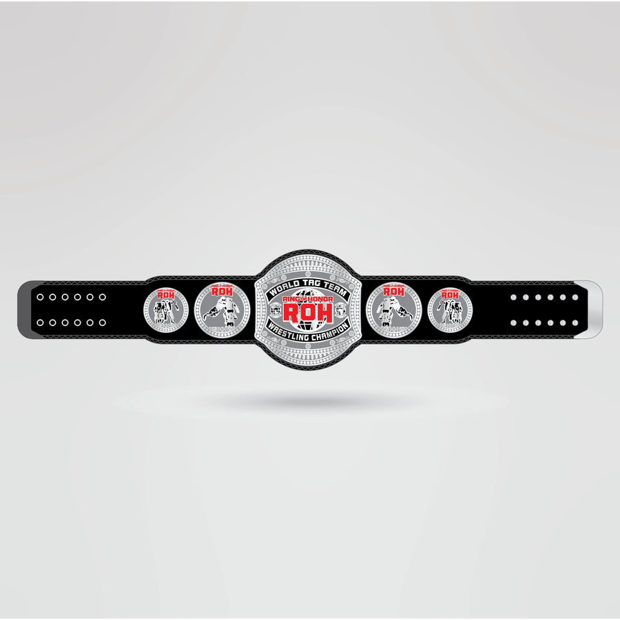 Display of the completed ROH World Tag Team Wrestling Championship Belt with custom design elements and high-quality finish