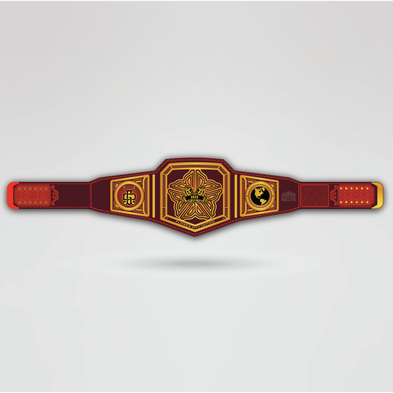 Real-life image of the Flower City Championship belt, showcasing the vibrant gold and red design.
