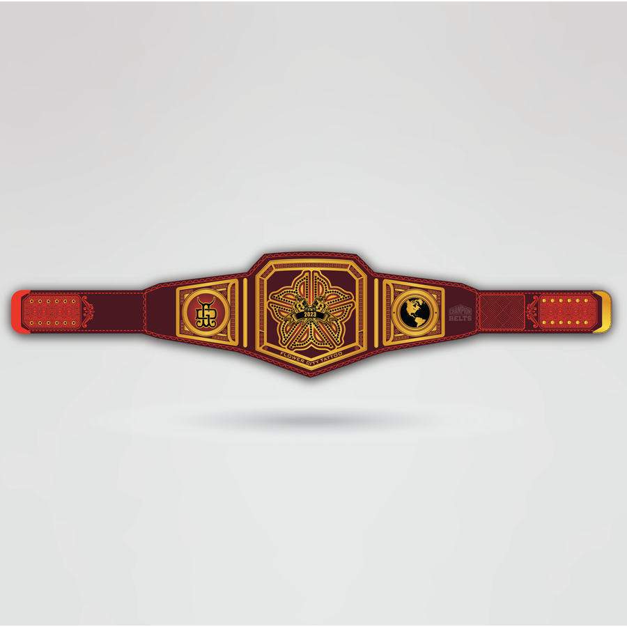 Real-life image of the Flower City Championship belt, showcasing the vibrant gold and red design.