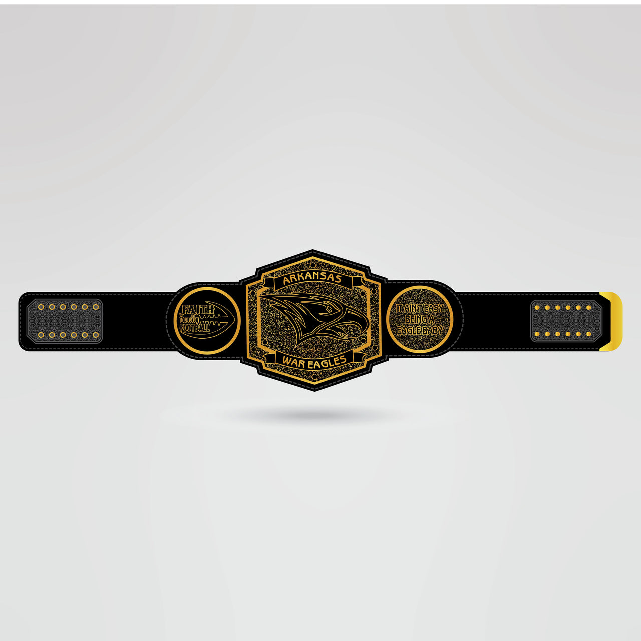 Actual design of the Arkansas War Eagles custom championship belt featuring logos and text.