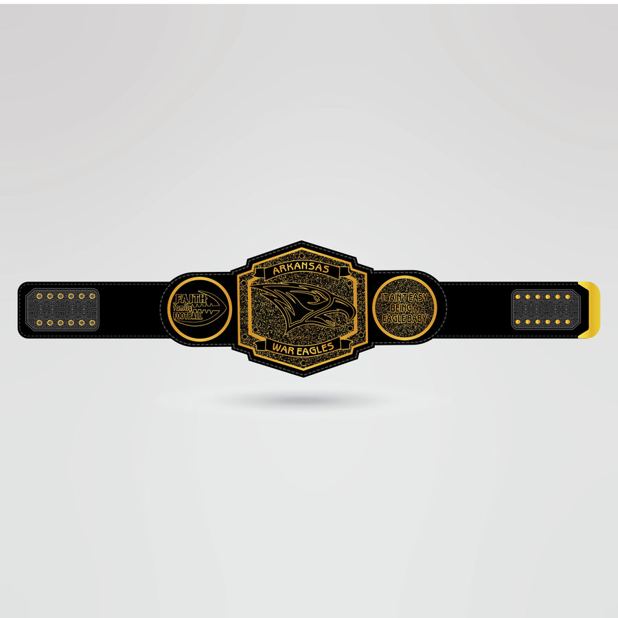 Actual design of the Arkansas War Eagles custom championship belt featuring logos and text.