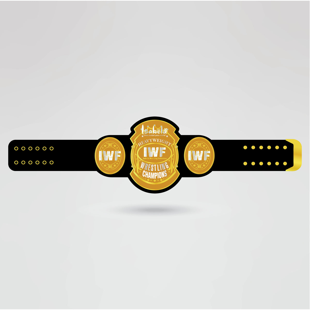 Final design of a custom Heavyweight Wrestling Championship Belt featuring personalized logos and text.