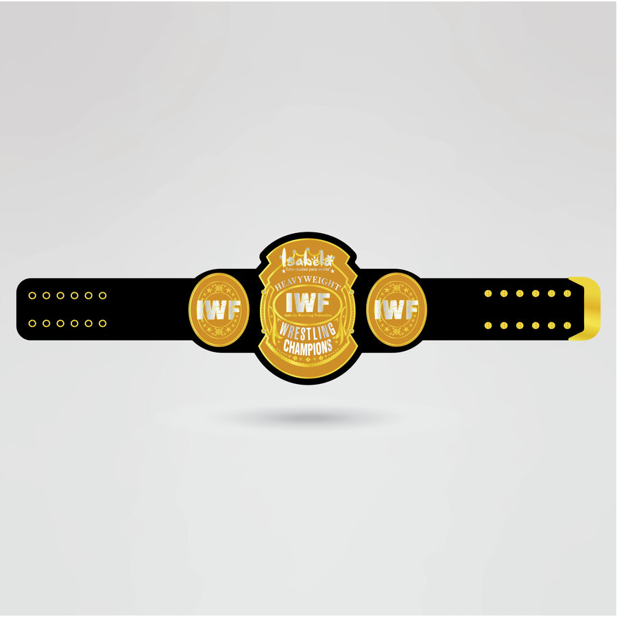 Final design of a custom Heavyweight Wrestling Championship Belt featuring personalized logos and text.