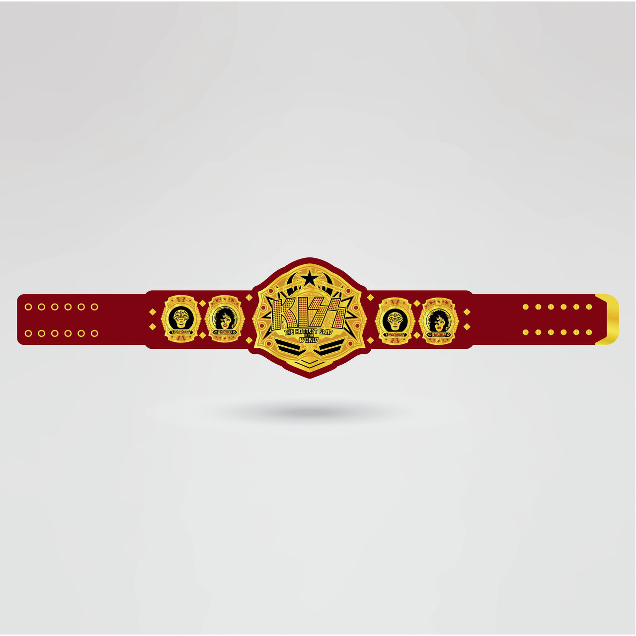 Real-life design of the Custom Kiss Wrestling Championship Belt, featuring a vibrant red and gold color scheme with Kiss branding.