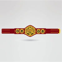 Real-life design of the Custom Kiss Wrestling Championship Belt, featuring a vibrant red and gold color scheme with Kiss branding.