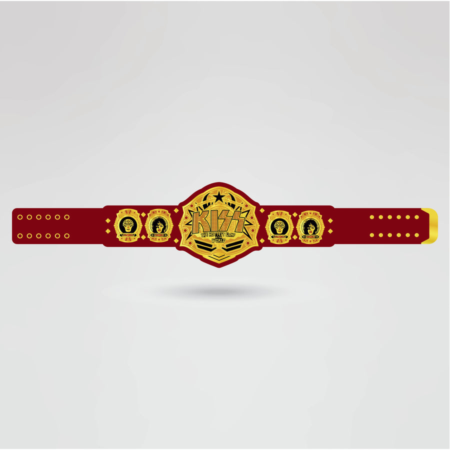 Real-life design of the Custom Kiss Wrestling Championship Belt, featuring a vibrant red and gold color scheme with Kiss branding.