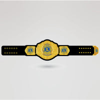 Completed custom Lions International belt design showcasing gold finish and personalized logo.
