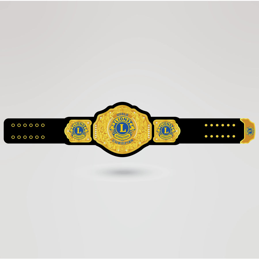 Completed custom Lions International belt design showcasing gold finish and personalized logo.