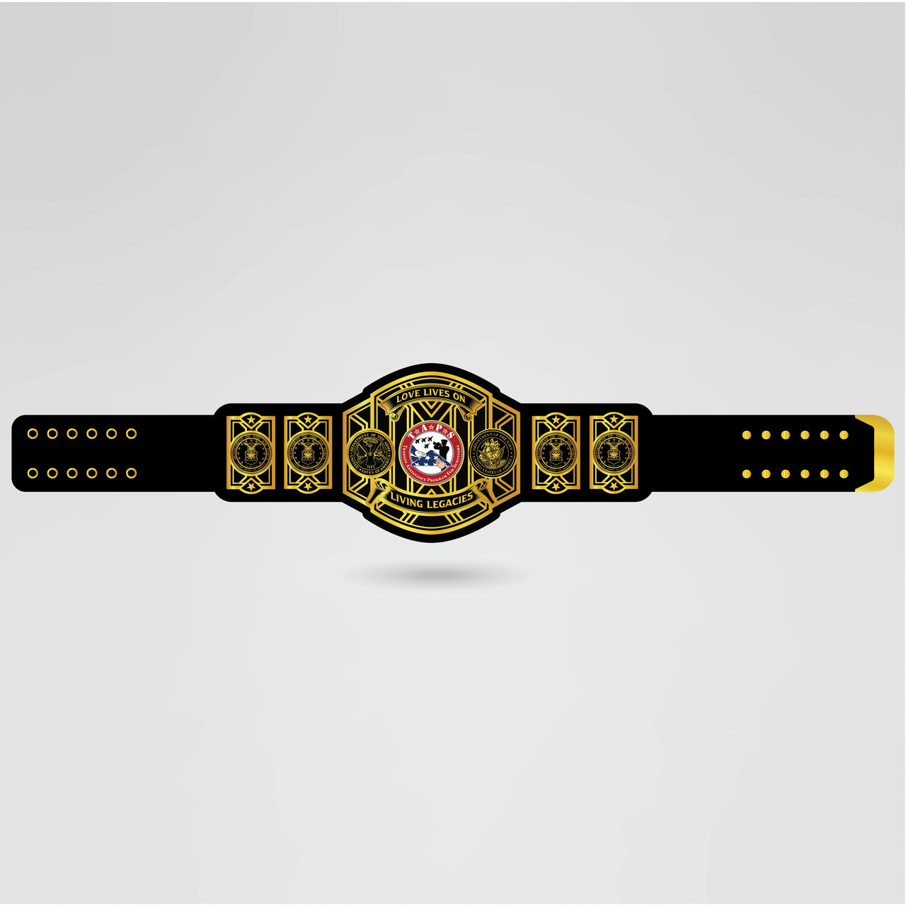 Completed custom Living Legacies belt design showcasing gold finish and personalized logo.