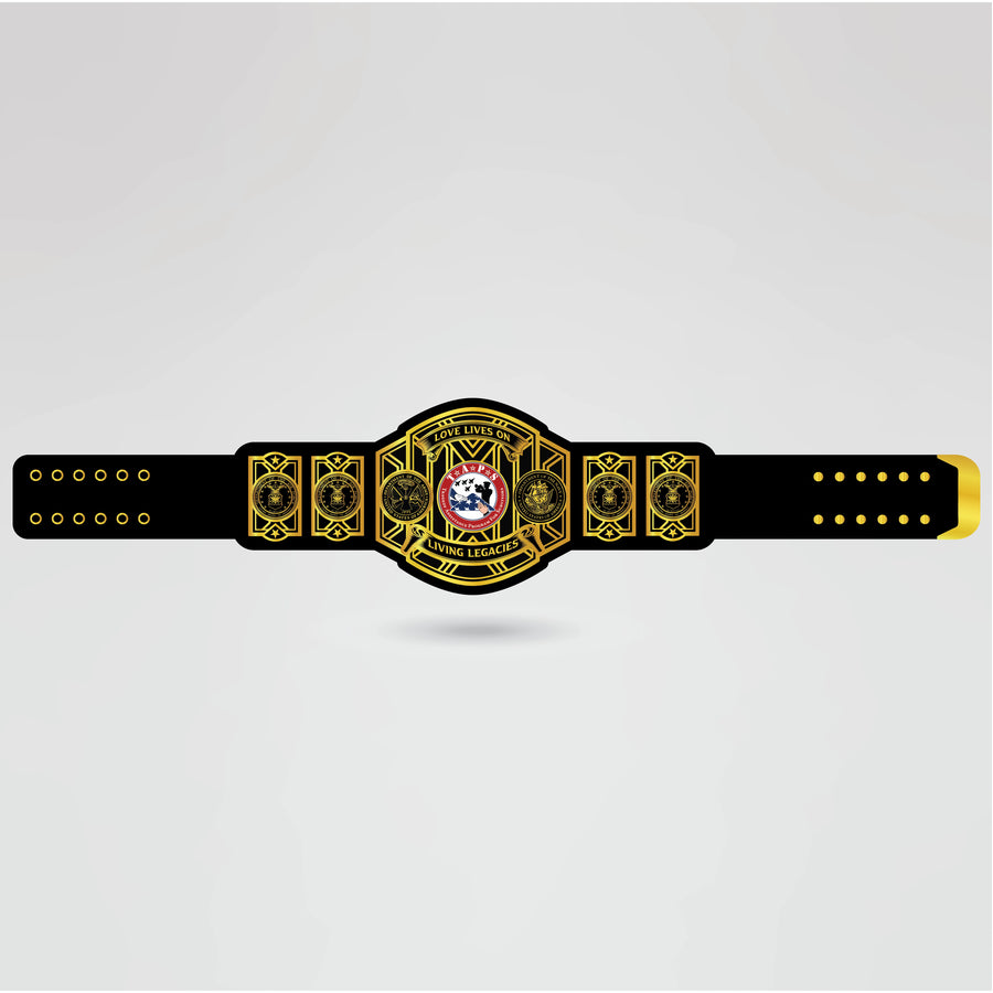 Completed custom Living Legacies belt design showcasing gold finish and personalized logo.
