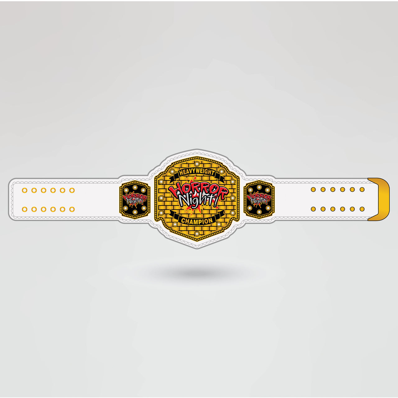 Fully designed Horror Night Championship Belt with custom text, logos, and side plates.