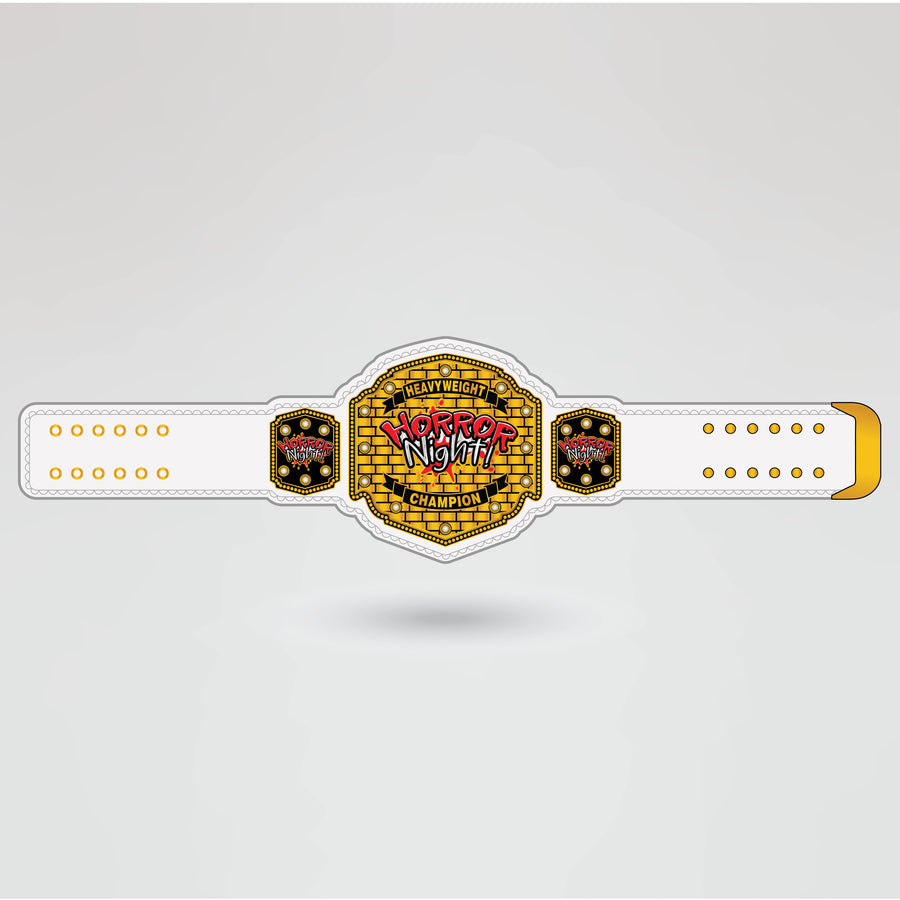 Fully designed Horror Night Championship Belt with custom text, logos, and side plates.