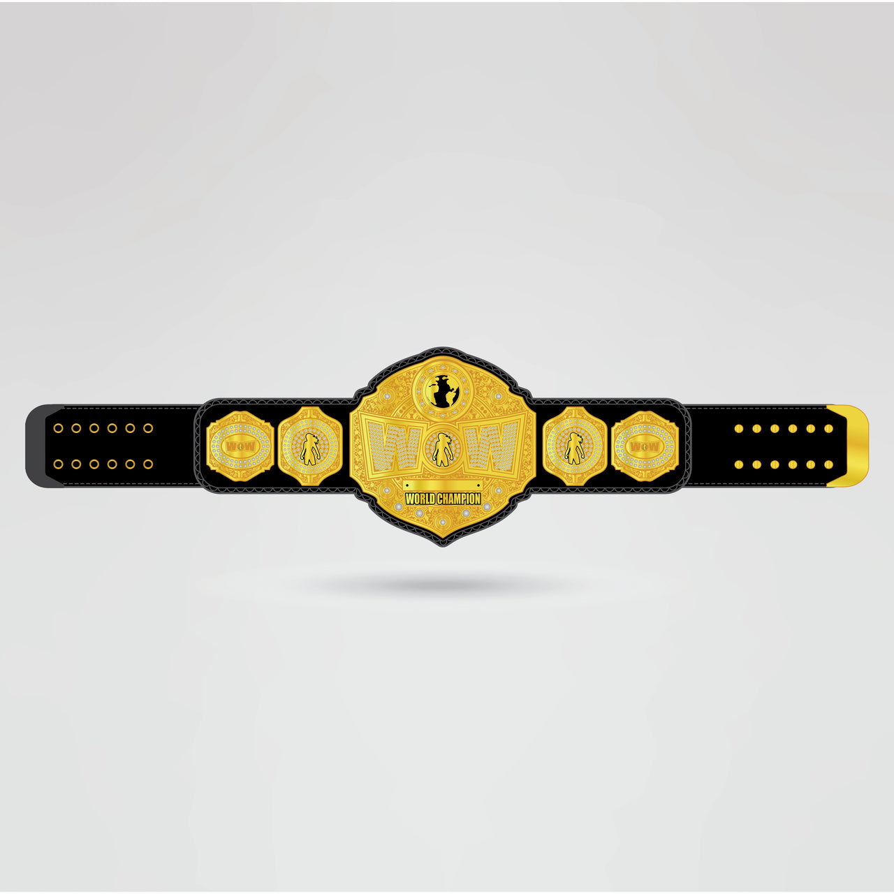 Real-life example of the World Wrestling Champion Belt with custom logos and text, designed to showcase personalization.
