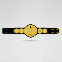 Real-life example of the World Wrestling Champion Belt with custom logos and text, designed to showcase personalization.