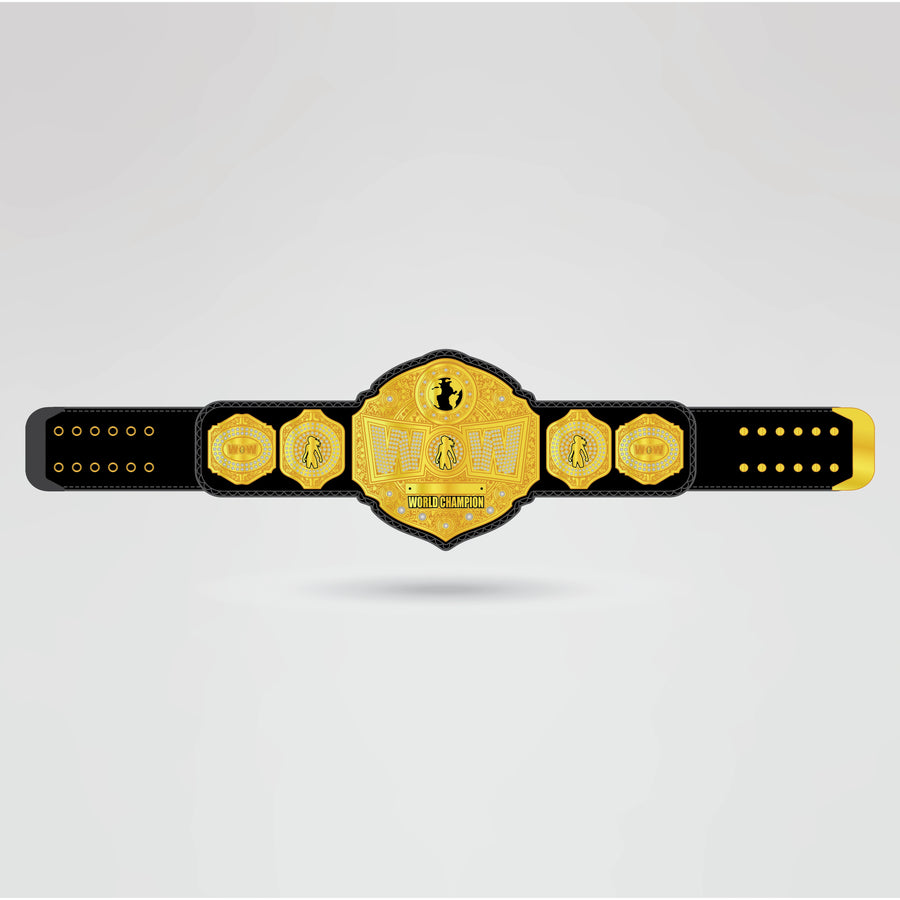 Real-life example of the World Wrestling Champion Belt with custom logos and text, designed to showcase personalization.