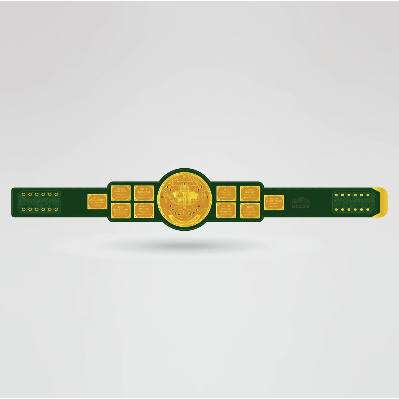 Real-life example of the fully customized World Wrestling Federation Champion Belt with logos and text.