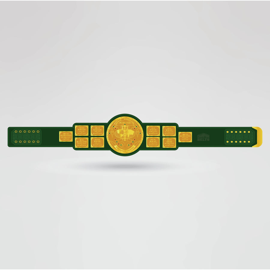 Real-life example of the fully customized World Wrestling Federation Champion Belt with logos and text.