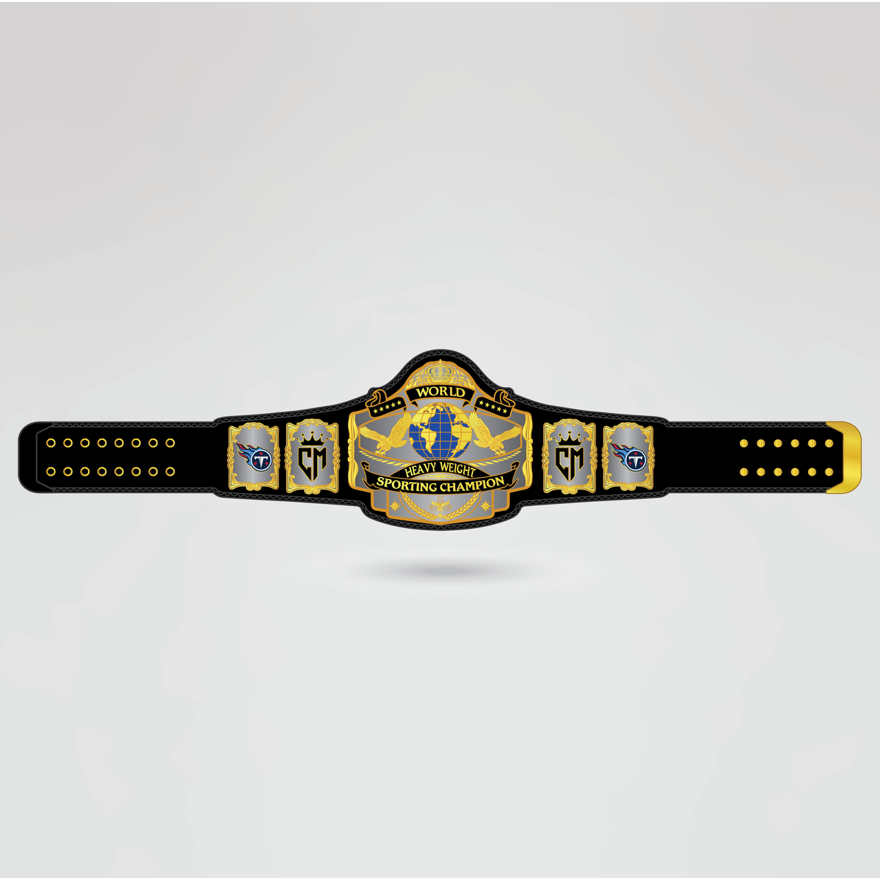 Real-life example of a personalized World Heavy Weight Sporting Champion belt with custom logos and text.
