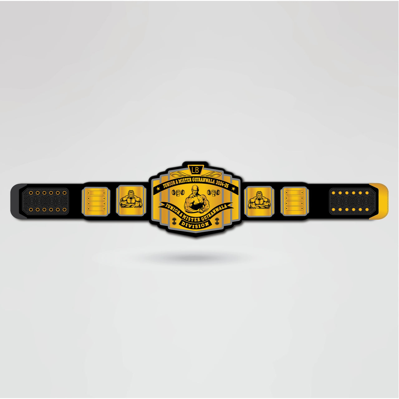 Completed custom Junior Mr. Gujranwala Championship Belt featuring personalized main and side plates.