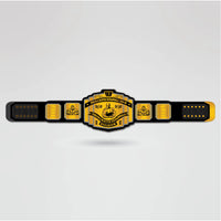 Completed custom Junior Mr. Gujranwala Championship Belt featuring personalized main and side plates.