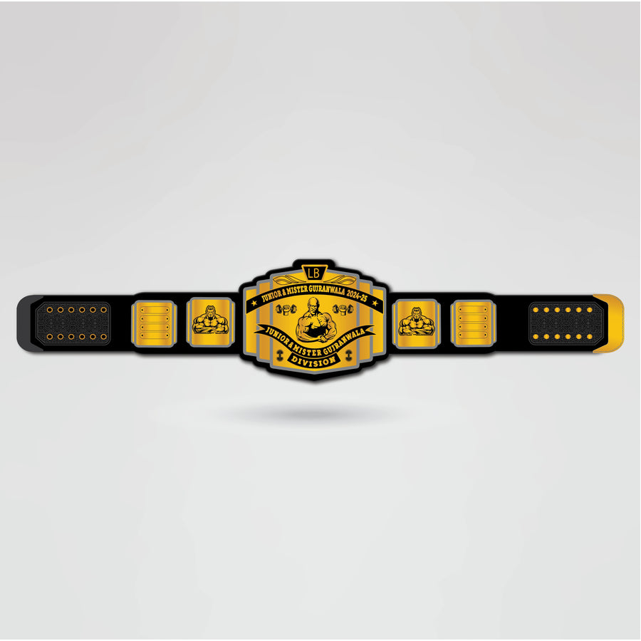 Completed custom Junior Mr. Gujranwala Championship Belt featuring personalized main and side plates.