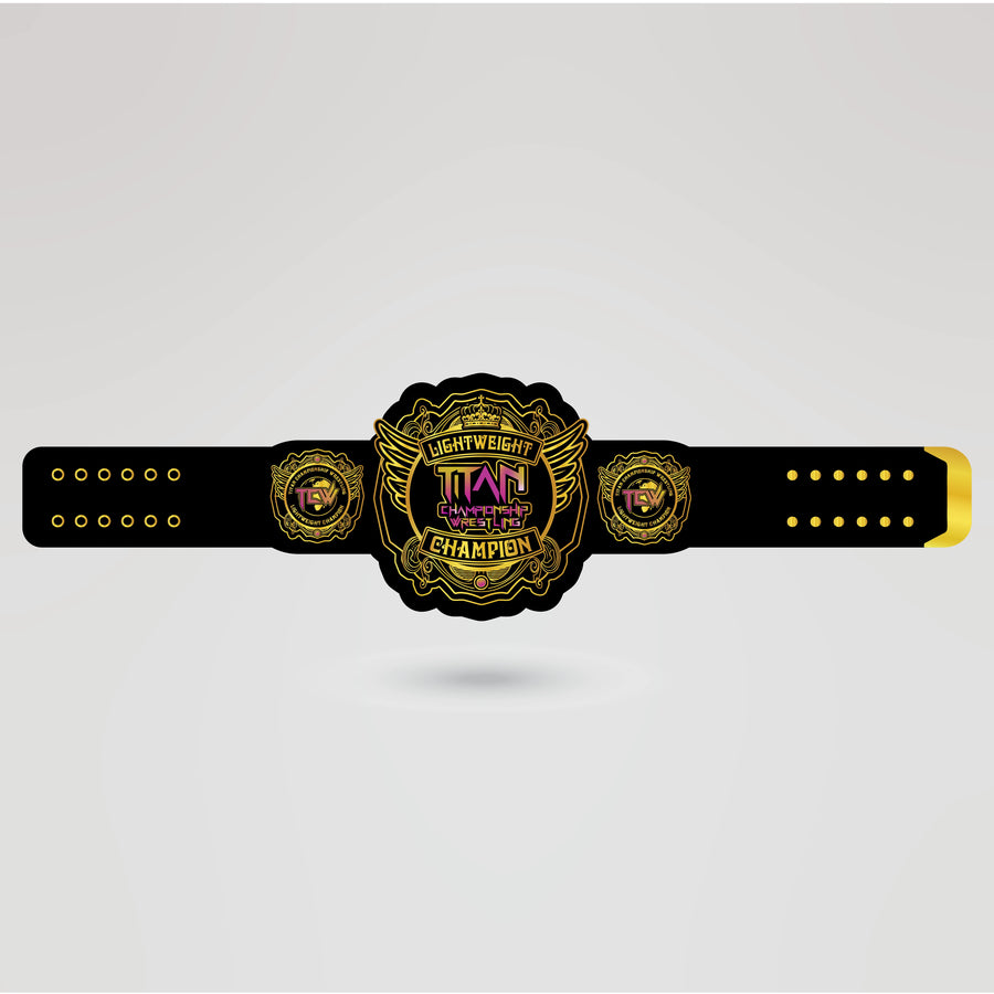 Finished design of the lightweight championship wrestling belt, fully customizable with logo, text, and artwork.