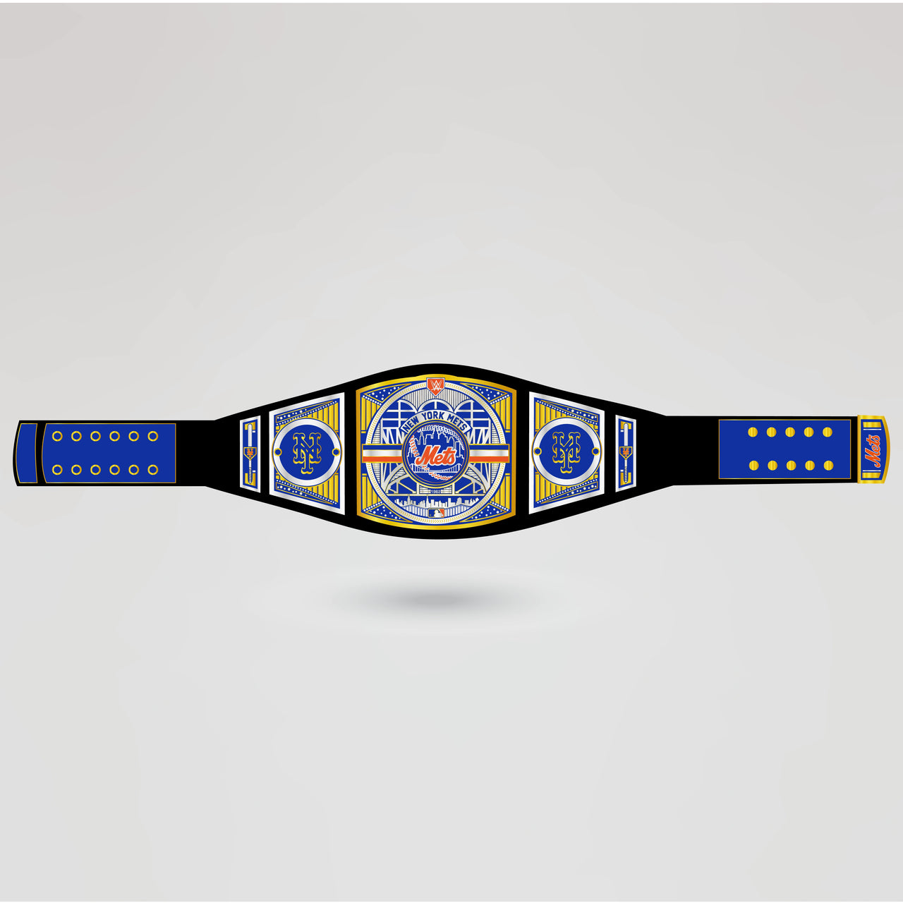 Fully designed New York Mets championship belt showing its detailed elements and colors, ready for personalization.