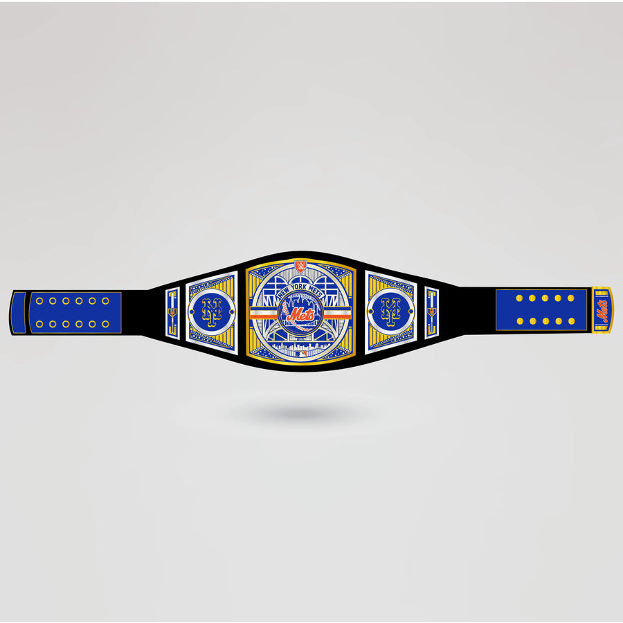Fully designed New York Mets championship belt showing its detailed elements and colors, ready for personalization.