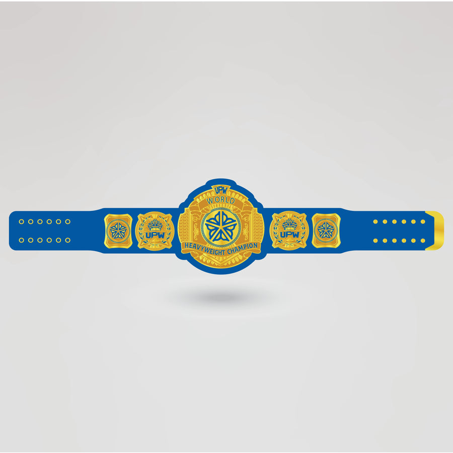 Actual design of the UPW custom championship belt featuring logos and text.