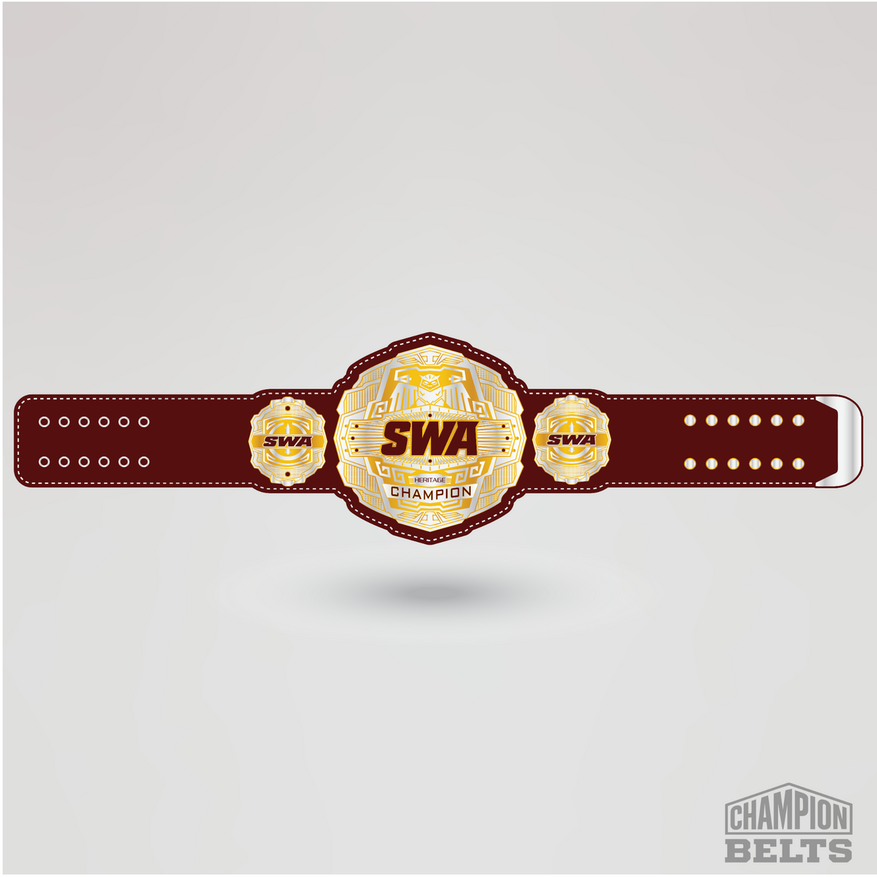 SWA Heritage Champion custom championship belt with burgundy strap and gold center plate