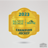 Gold championship center plate featuring 2023 Sandy Ridge at Red Mile Champion Jockey design