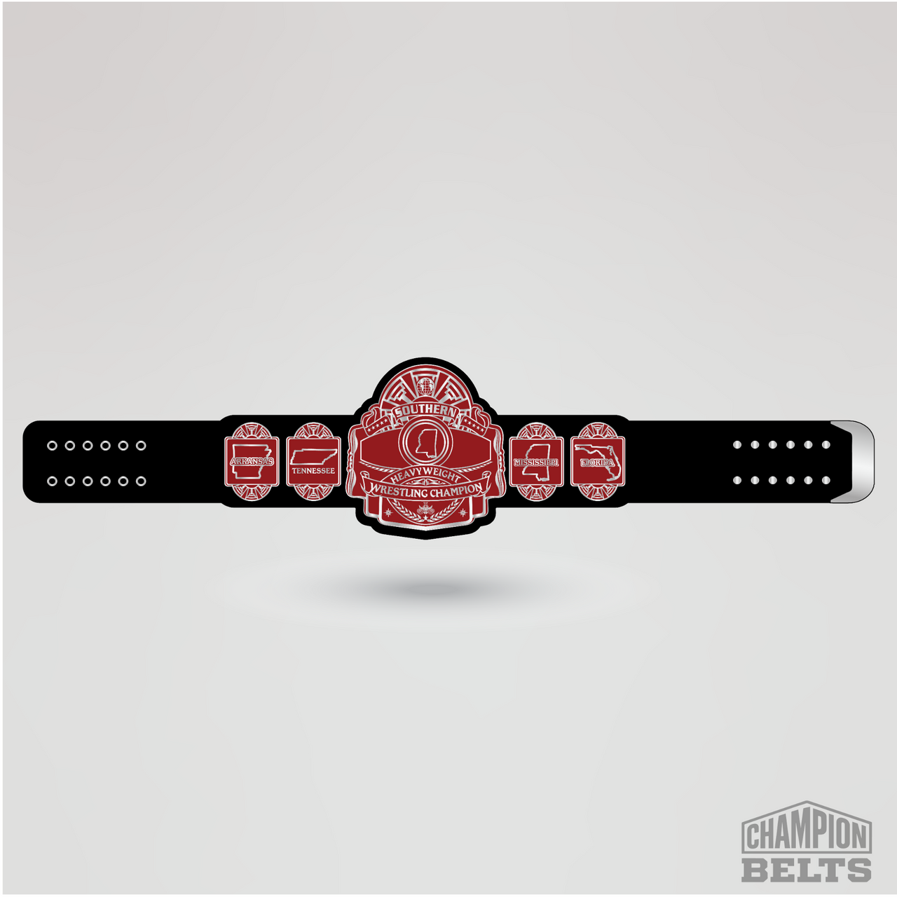 Southern Heavyweight Wrestling Champion belt with black strap and silver engraved plates