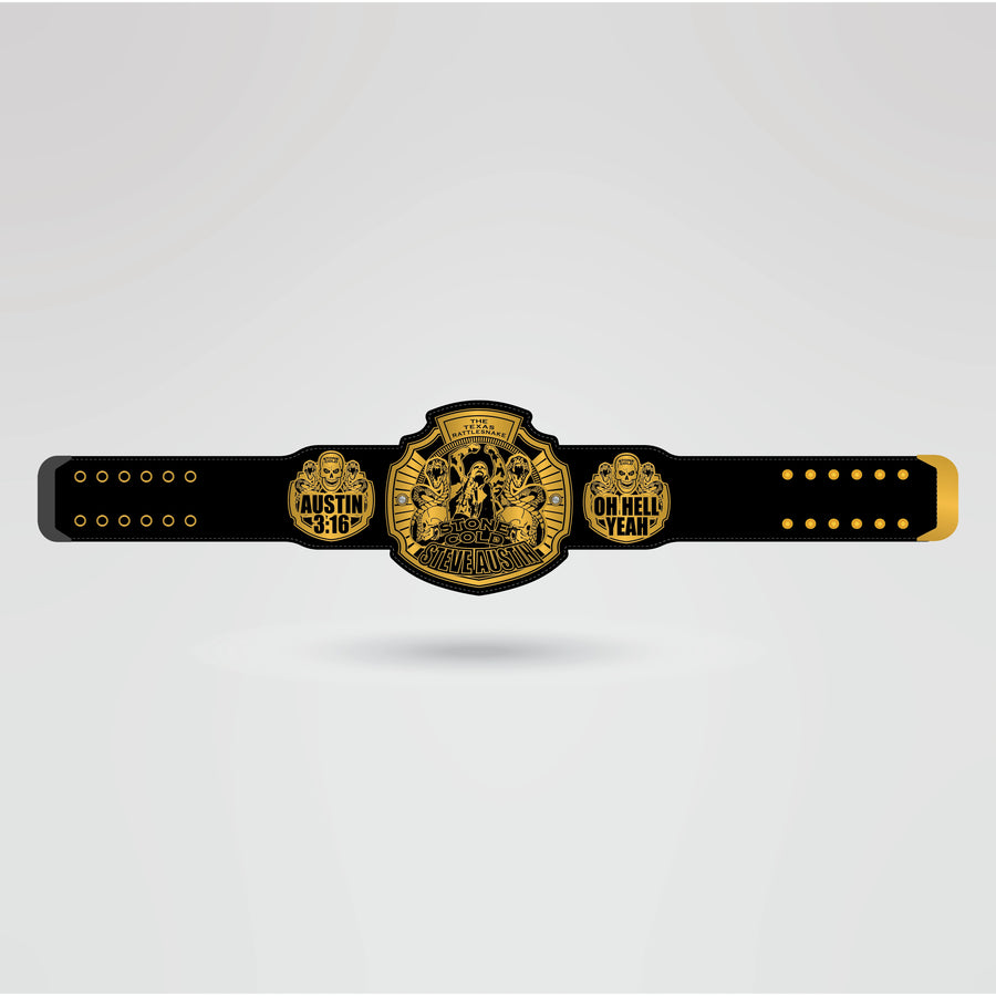 Finished design of the Stone Cold Steve Austin custom championship belt showcasing gold accents and personalized elements