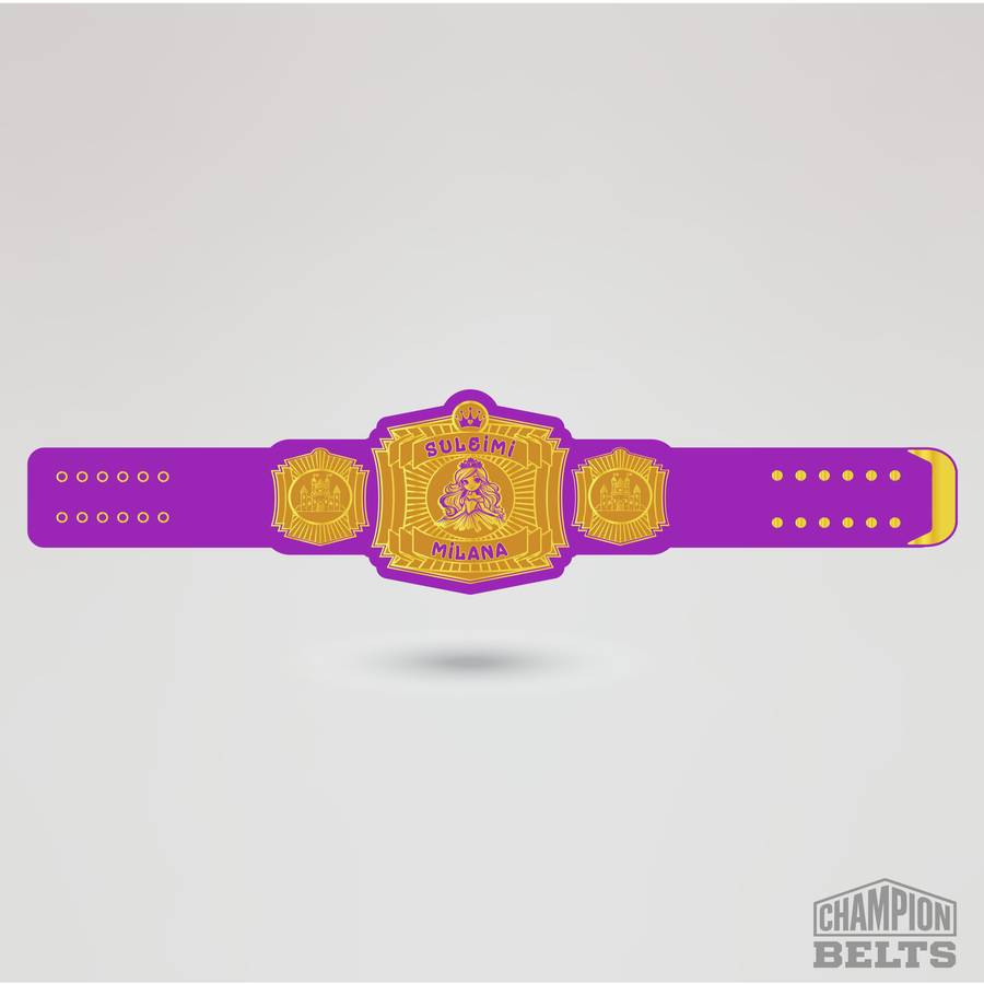 Custom princess championship belt with purple strap and gold plates featuring Suleimi Milana design