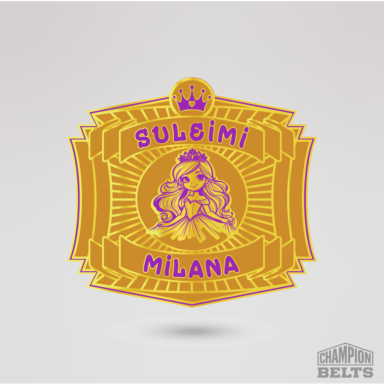Gold championship center plate featuring princess artwork and Suleimi Milana text