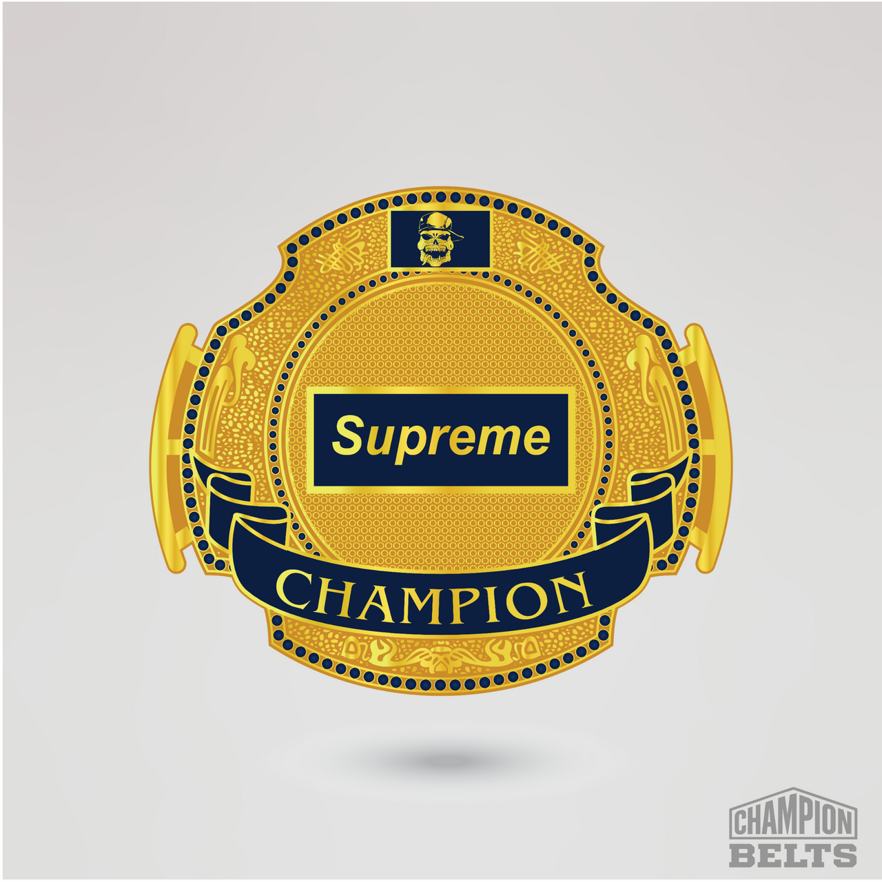 Gold and navy blue championship center plate with Supreme Champion banner