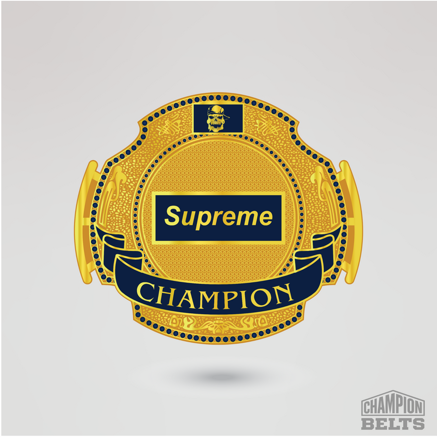 Gold and navy blue championship center plate with Supreme Champion banner