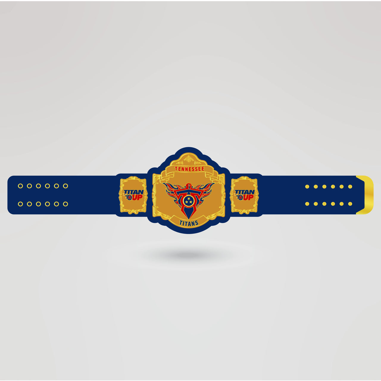 Final design of the Tennessee Titans custom Tag-Team Championship Belt with gold accents and personalized plates