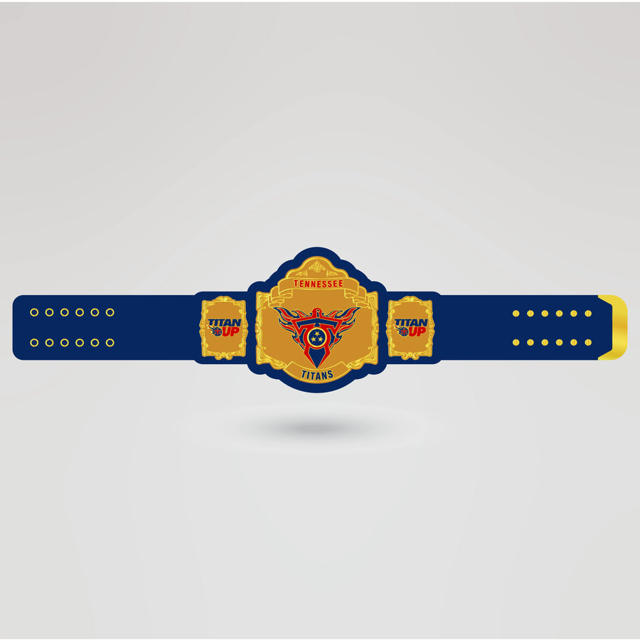 Final design of the Tennessee Titans custom Tag-Team Championship Belt with gold accents and personalized plates
