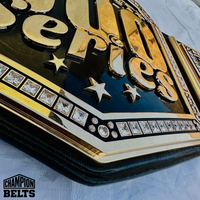 Thunder Bowl 1 800 Series bowling championship belt with black strap, gold-tone plates, stars, raised lettering, and crystal-style details