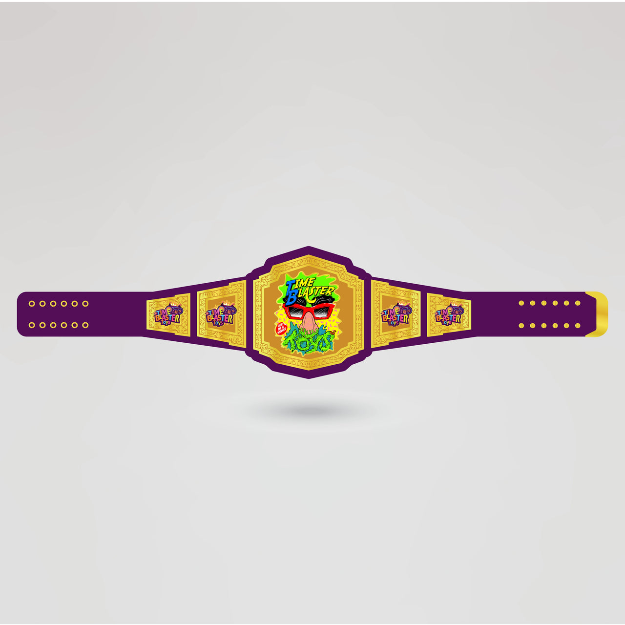 Final design of the Time Blaster Tag-Team Championship Belt with vibrant purple and gold colors