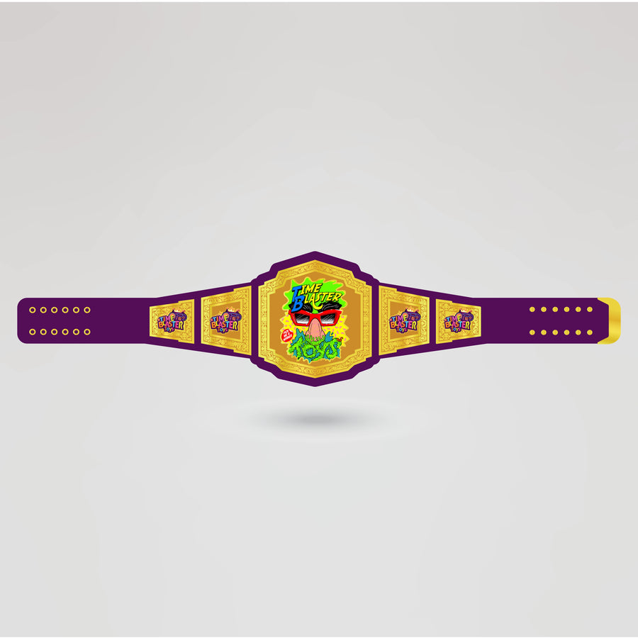 Final design of the Time Blaster Tag-Team Championship Belt with vibrant purple and gold colors