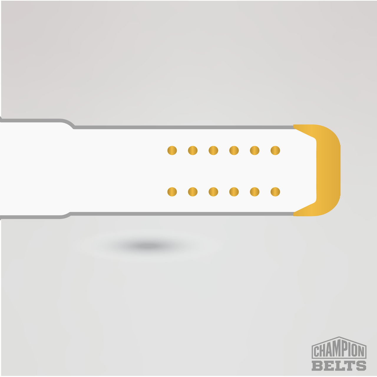 Premium white championship belt strap with gold buckle tip and adjustment holes
