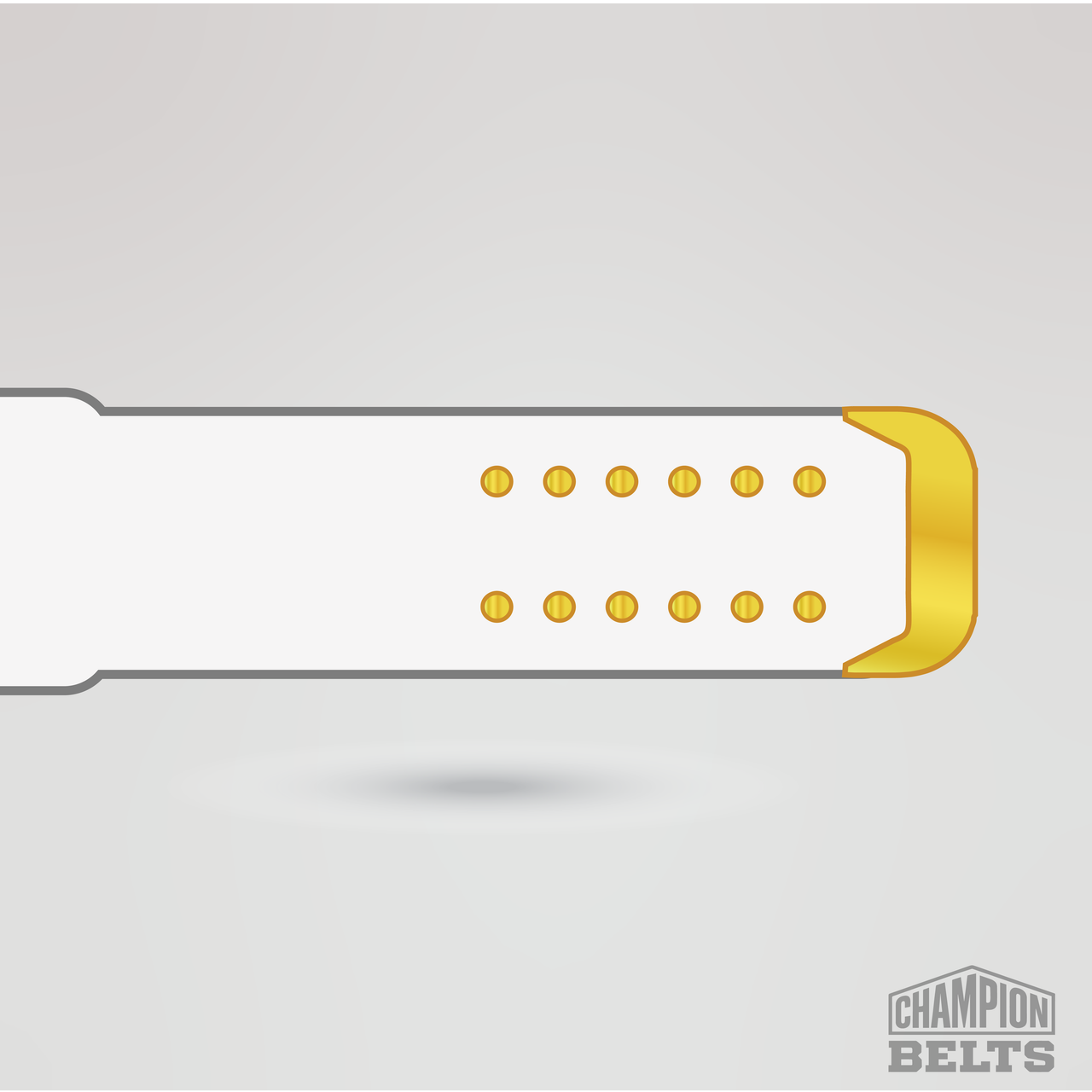 White championship belt strap with gold snap buttons and premium metal tip detail