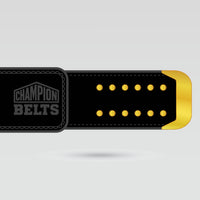 Black leather style strap design of World Brass Knuckles Champion Belt with gold snap details