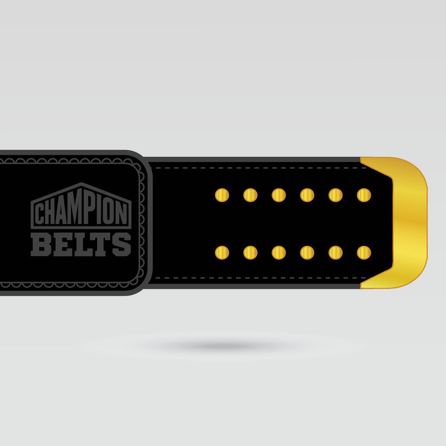 Black leather style strap design of World Brass Knuckles Champion Belt with gold snap details
