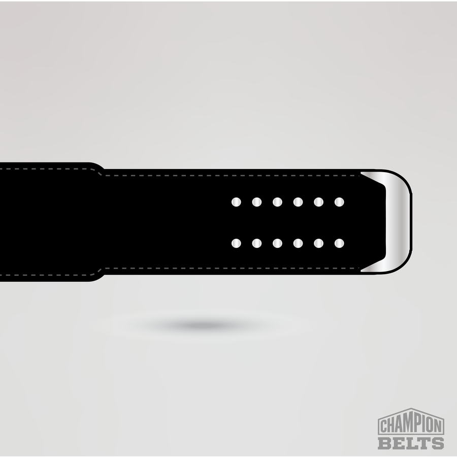 Black championship belt strap with adjustment holes, stitching details, and silver belt tip